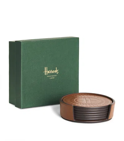 Harrods Logo Leather Coasters In Brown