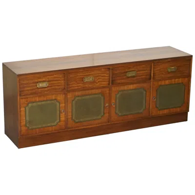 Pre-owned Harrods Lovely  Flamed Hardwood And Green Leather Military Campaign Sideboard