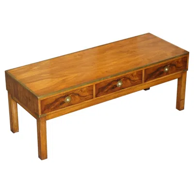 Pre-owned Harrods Lovely Restored Burr Walnut & Brass Military Campaign Three Drawer Coffee Table In Brown