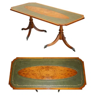 Pre-owned Harrods Lovely Vintage  London Burr & Burl Yew Wood Green Leather Coffee Table