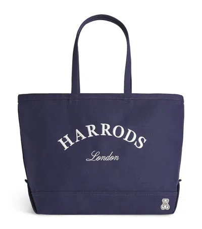 Harrods Medium Cotton Embroidered Logo Tote Bag In Blue