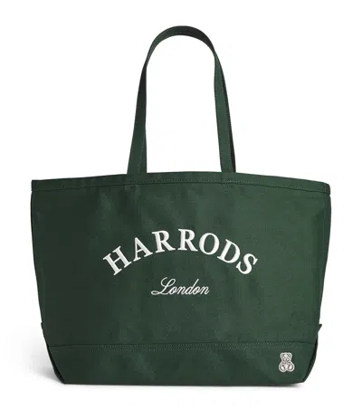 Harrods Medium Cotton Embroidered Logo Tote Bag In Green