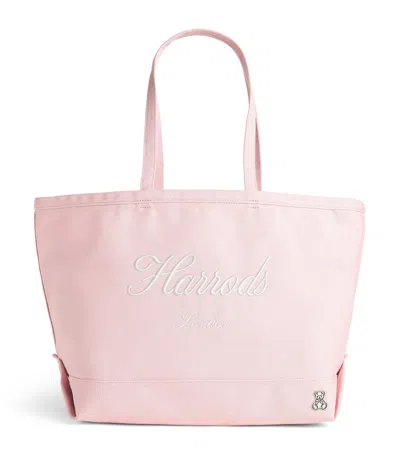 Harrods Medium Cotton Embroidered Logo Tote Bag In Pink