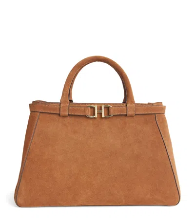Harrods Medium Suede Grace Top-handle Bag In Neutral