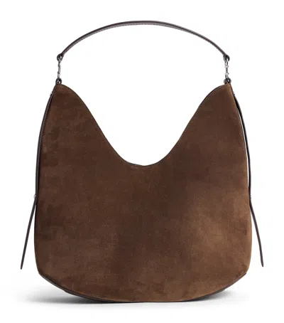 Harrods Medium Suede Penny Shoulder Bag In Brown