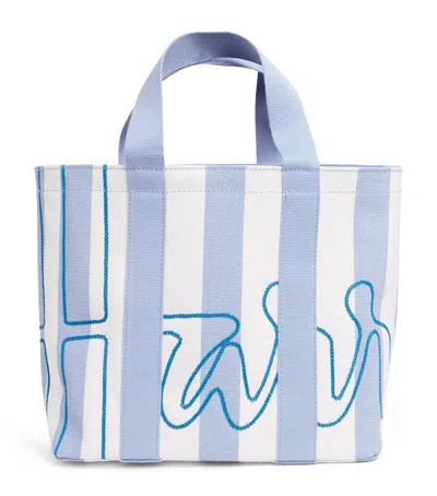Harrods Mini Cotton Stripe Logo Tote Bag In Blue