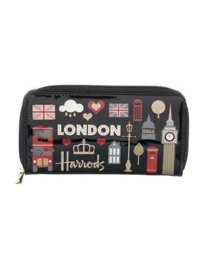 Pre-owned Harrods Of London Pvc Graphic Print Wallet In Black