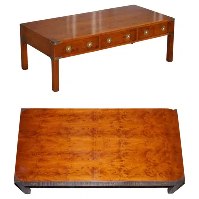Pre-owned Harrods Restored Burr Yew & Elm Wood Brass Military Campaign Three Drawer Coffee Table In Brown