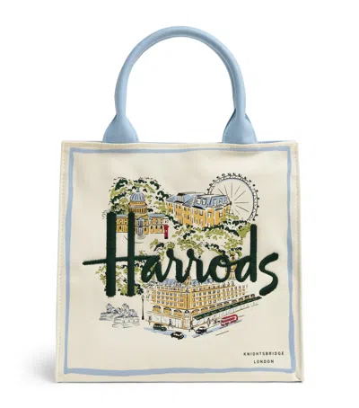 Harrods Small Canvas City Stories Tote Bag In Ivory