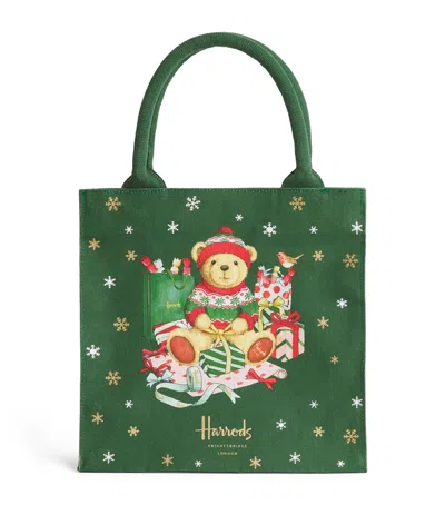 Harrods Small Christmas Bear Tote Bag In Green
