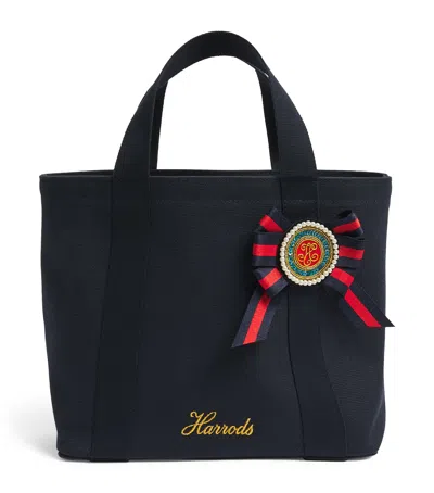 Harrods Small Cotton Canvas British Rosette Tote Bag In Blue
