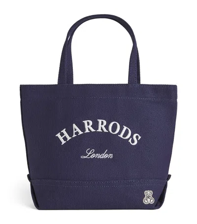Harrods Small Cotton Embroidered Logo Tote Bag In Blue