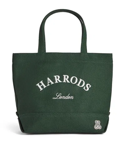 Harrods Small Cotton Embroidered Logo Tote Bag In Green