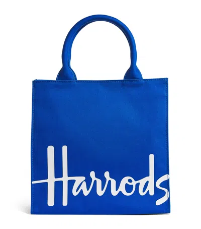 Harrods Small Cotton Logo Tote Bag In Blue