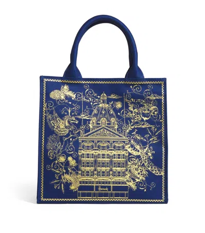 Harrods Small Gold Building Shopper Bag In Blue