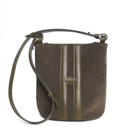 Harrods Small Suede Cross-body Bag In Green