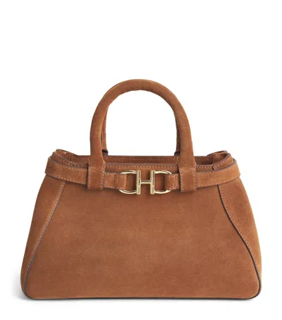 Harrods Small Suede Grace Top-handle Bag In Neutral
