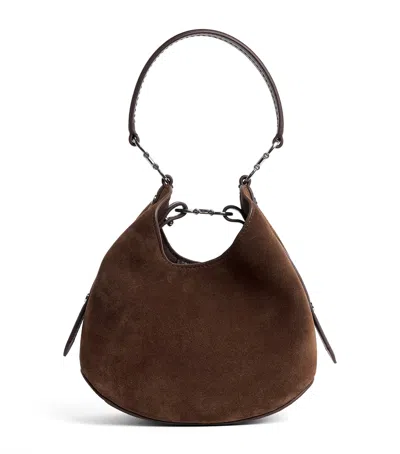 Harrods Small Suede Penny Shoulder Bag In Brown