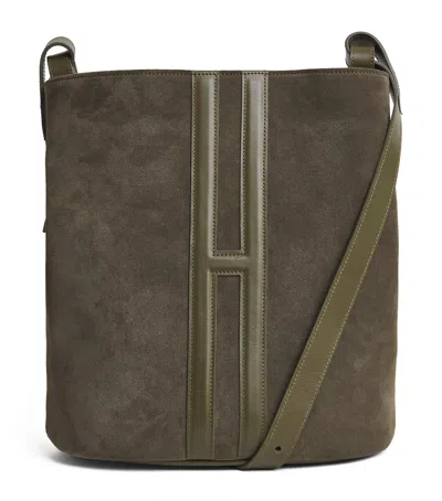 Harrods Suede H Tote Bag In Green