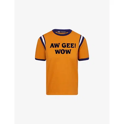 Harry Lambert X Disney X Disney Womens Orange Harry Lambert For Zara X Disney Aw Gee! Wow Flocked Cotton-jersey T-shirt Xs