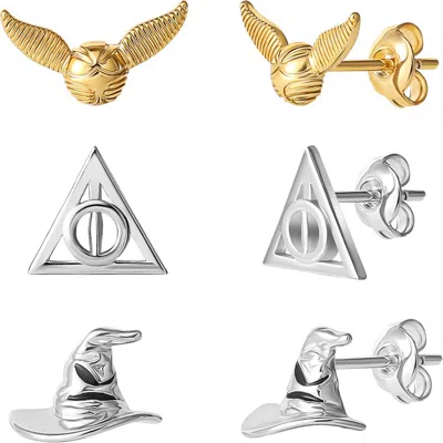 Harry Potter Deathly Hallows And Golden Snitch 18k Gold Or Silver Flash-plated Studs