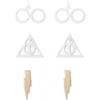 Harry Potter Deathly Hallows And Lightning Bolt Studs Earrings, 3-pack In Metallic