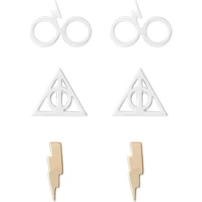 Harry Potter Deathly Hallows And Lightning Bolt Studs Earrings, 3-pack In Metallic