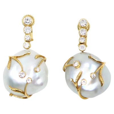 Pre-owned Harry Winston 18k Gold Large Baroque Pearl Diamond Earrings In Multi