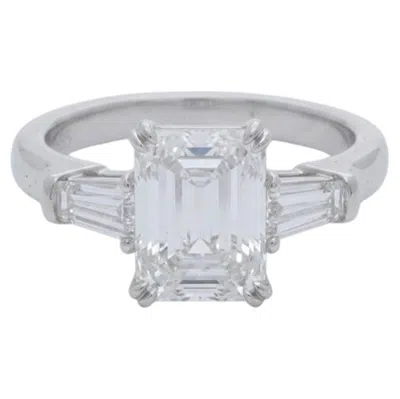 Pre-owned Harry Winston 2 Carat Emerald Cut Diamond Three-stone Platinum Ring In Green