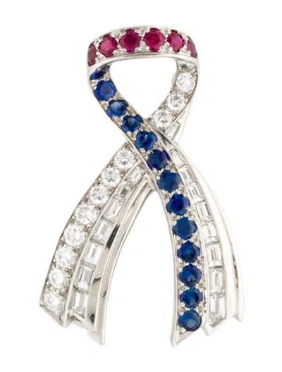 Pre-owned Harry Winston Platinum 1.52ctw Diamond, Sapphire & Ruby Ribbon Pin In Multi