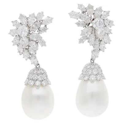 Pre-owned Harry Winston Platinum, Diamond And Cultured Pearl Cluster Ear Clips In Multi