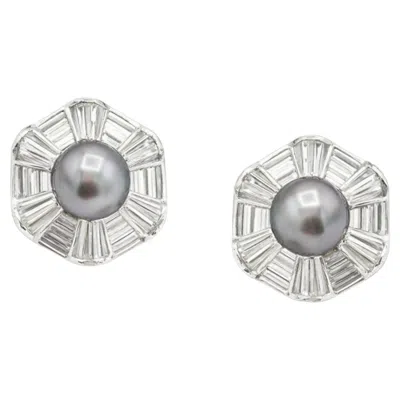 Pre-owned Harry Winston Platinum Pearl And 10.00 Carat Diamond Earrings In Multi