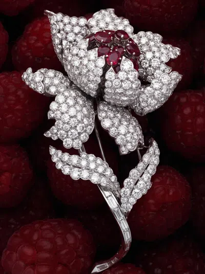 Pre-owned Harry Winston , Platinum Ruby Diamond Flower Brooch, Gia, Evaluation In Multiple