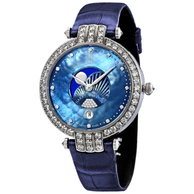 Harry Winston Premier Moon Phase Ladies 18k White Gold Diamond Set Watch Prnqmp36ww002 In Blue