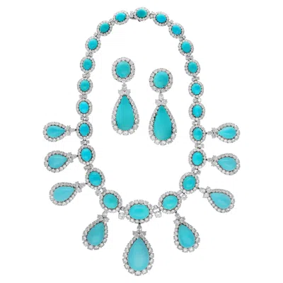 Pre-owned Harry Winston Turquoise And Diamond Necklace And Ear Clips In Multi