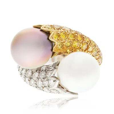 Pre-owned Harry Winston Yellow And White Diamond, Black And White Pearl Ring