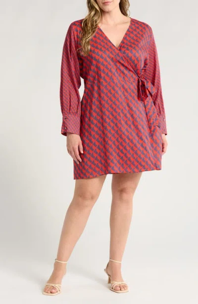Harshman Althea Long Sleeve Wrap Dress In Poppy Red/ Navy Pattern