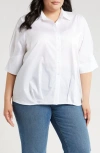 Harshman Bernadina Elbow Sleeve Cotton Button-up Shirt In White