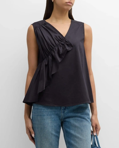 Harshman Leander V-neck Ruched Ruffle Tank Top In Black