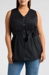 Harshman Reya Tie Waist Sleeveless Poplin Button-up Top In Black