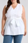 Harshman Reya Tie Waist Sleeveless Poplin Button-up Top In White