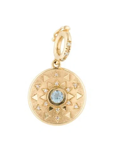 Pre-owned Harwell Godfrey 18k Aquamarine & Diamond Mini Sun Sign Medallion Pendant, 1.25" In Multicolor