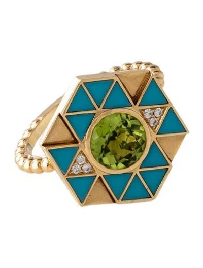 Pre-owned Harwell Godfrey 18k Peridot, Diamond, & Resin Evil Eye Cocktail Ring In Blue
