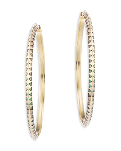 Harwell Godfrey 18k Yellow Gold Knife Edge Multi Gemstone Rainbow Talisman Large Hoop Earrings