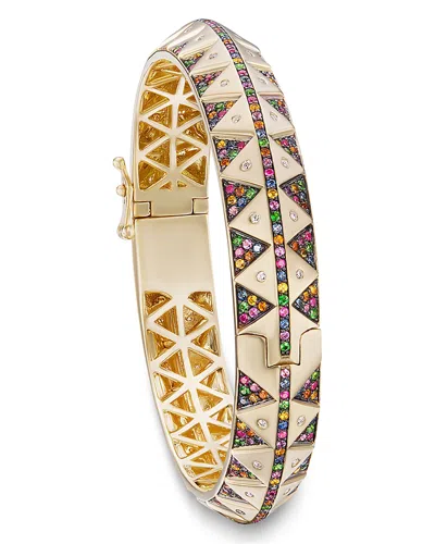 Harwell Godfrey 18k Yellow Gold Knife Edge Rainbow Sapphire & Diamond Bangle Bracelet In Multi