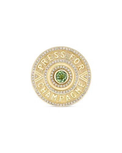 Harwell Godfrey 18k Yellow Gold Press For Champagne Green Tourmaline & Diamond Button Ring