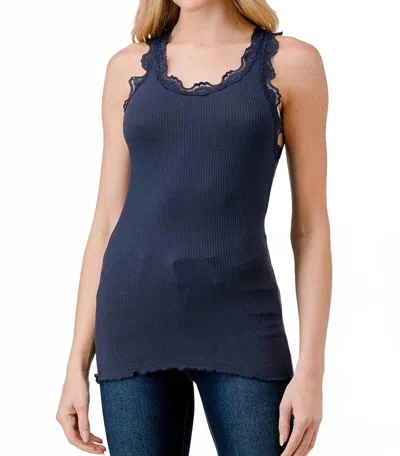 Hashtag Lace Trim Ribbed Tank In Navy In Blue