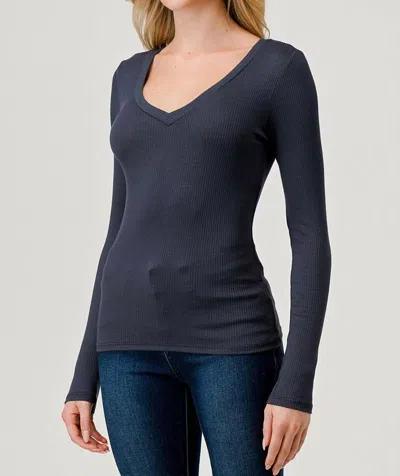 Hashtag V-neck Ribbed Long Sleeve Knit Top In Navy In Blue
