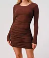 Hashttag Side Scrunch Ribbed Long Sleeve Dress In Brown In Brown