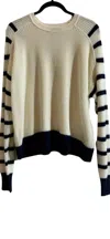 Hasson Shaker Crew With Striped Sleeves Sweater In White/navy In Multi